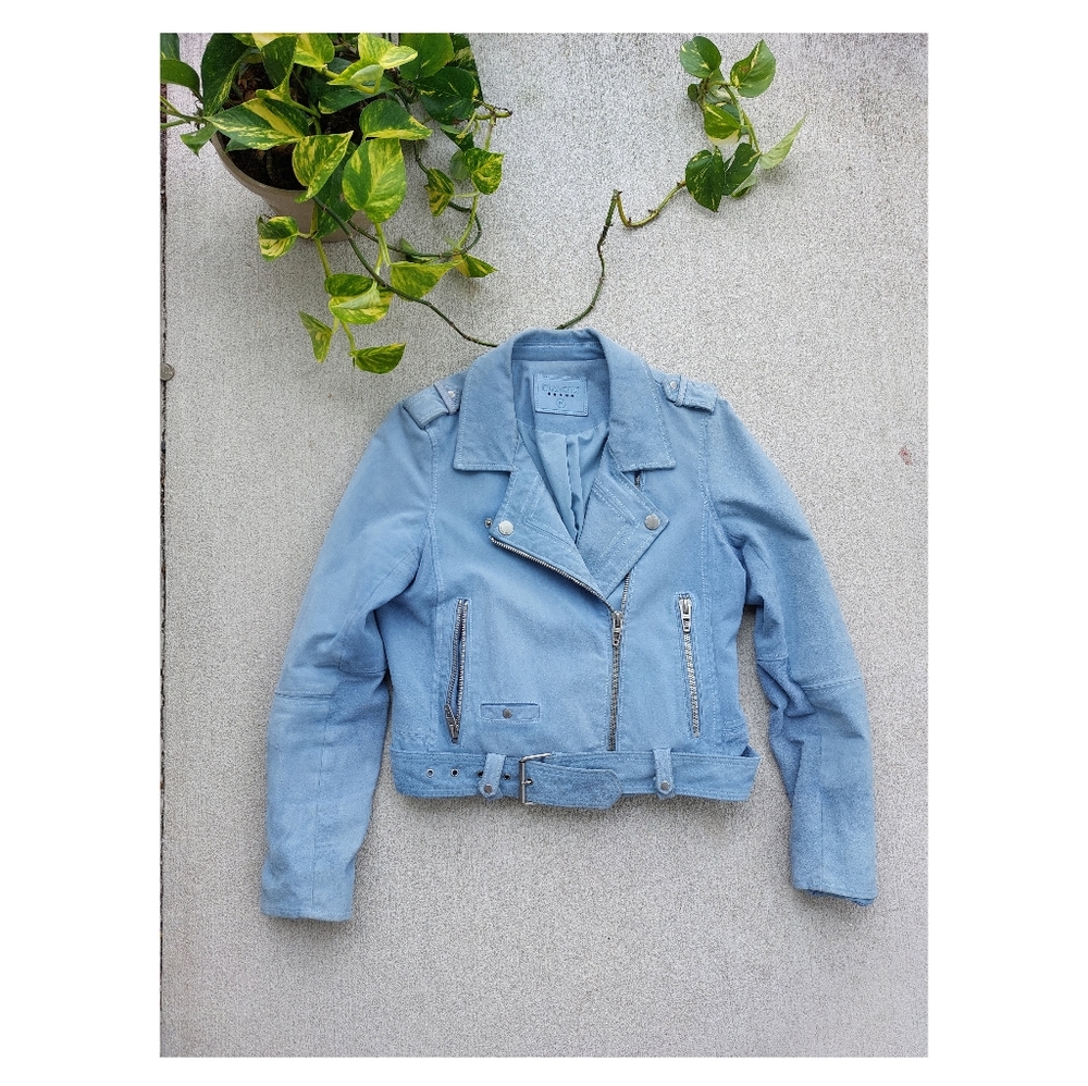 Blank NYC Morning Suede Moto Jacket in Sky Blue